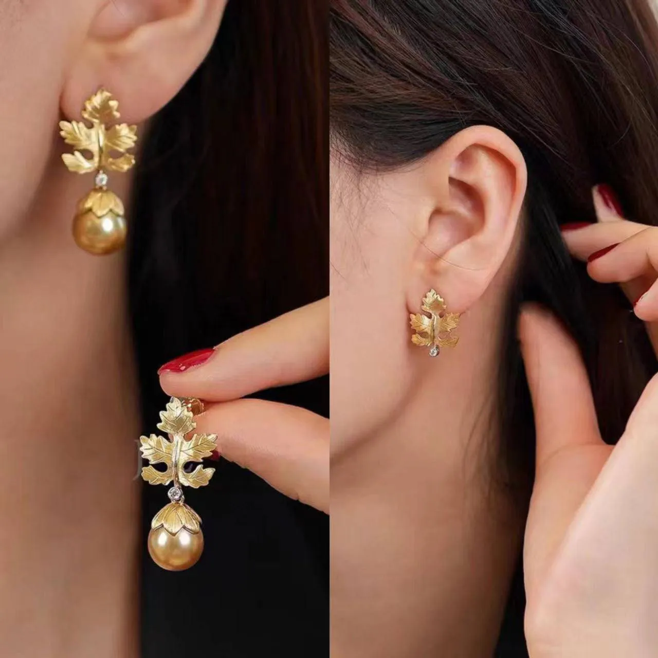 10-11mm Golden South Sea Baroque Pearl & Maple Leaf Earrings
