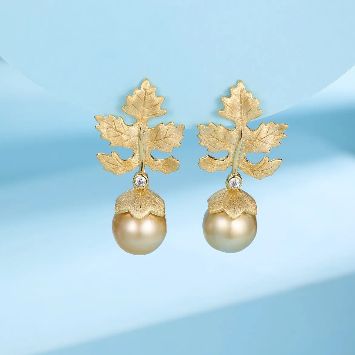 10-11mm Golden South Sea Baroque Pearl & Maple Leaf Earrings