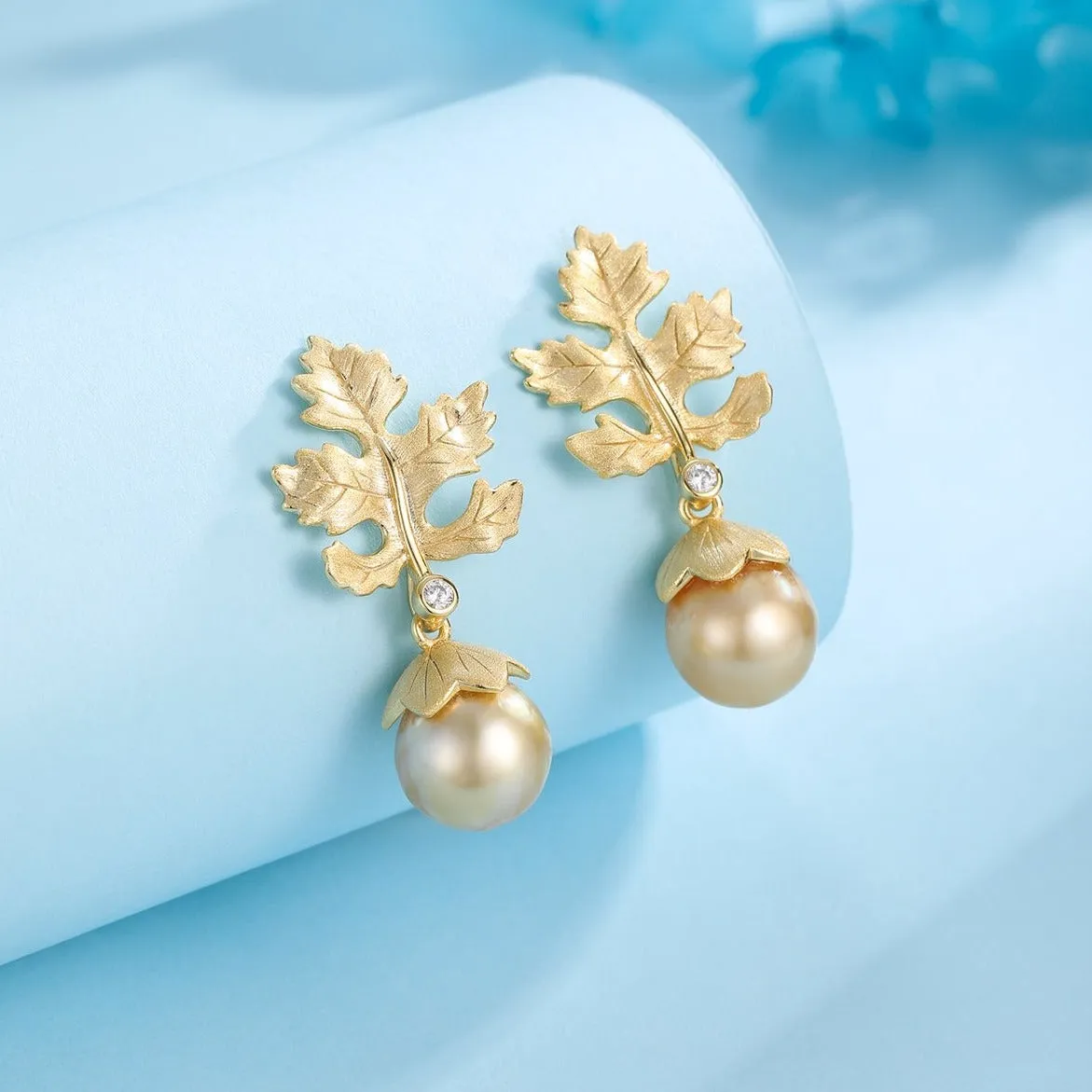 10-11mm Golden South Sea Baroque Pearl & Maple Leaf Earrings