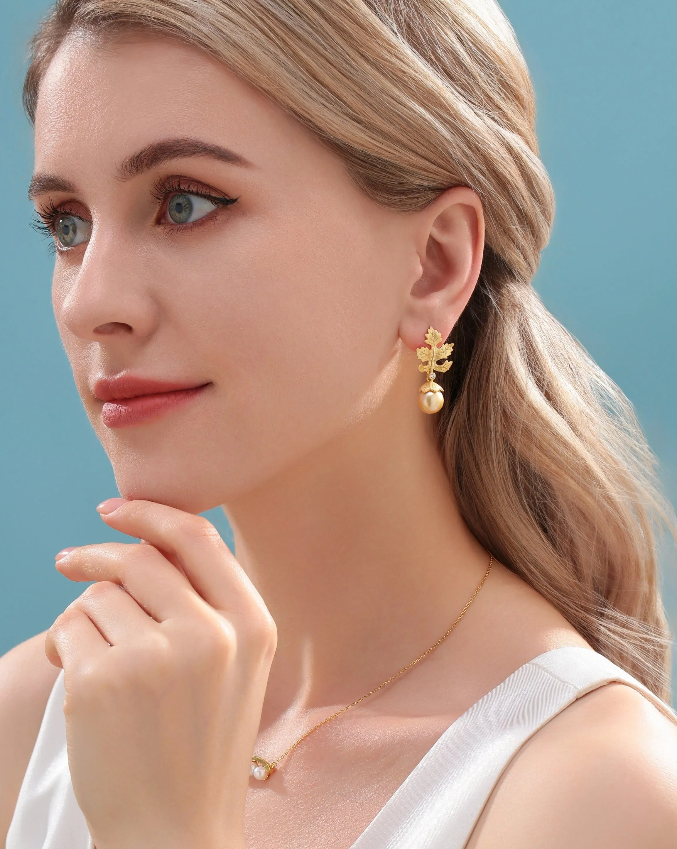 10-11mm Golden South Sea Baroque Pearl & Maple Leaf Earrings