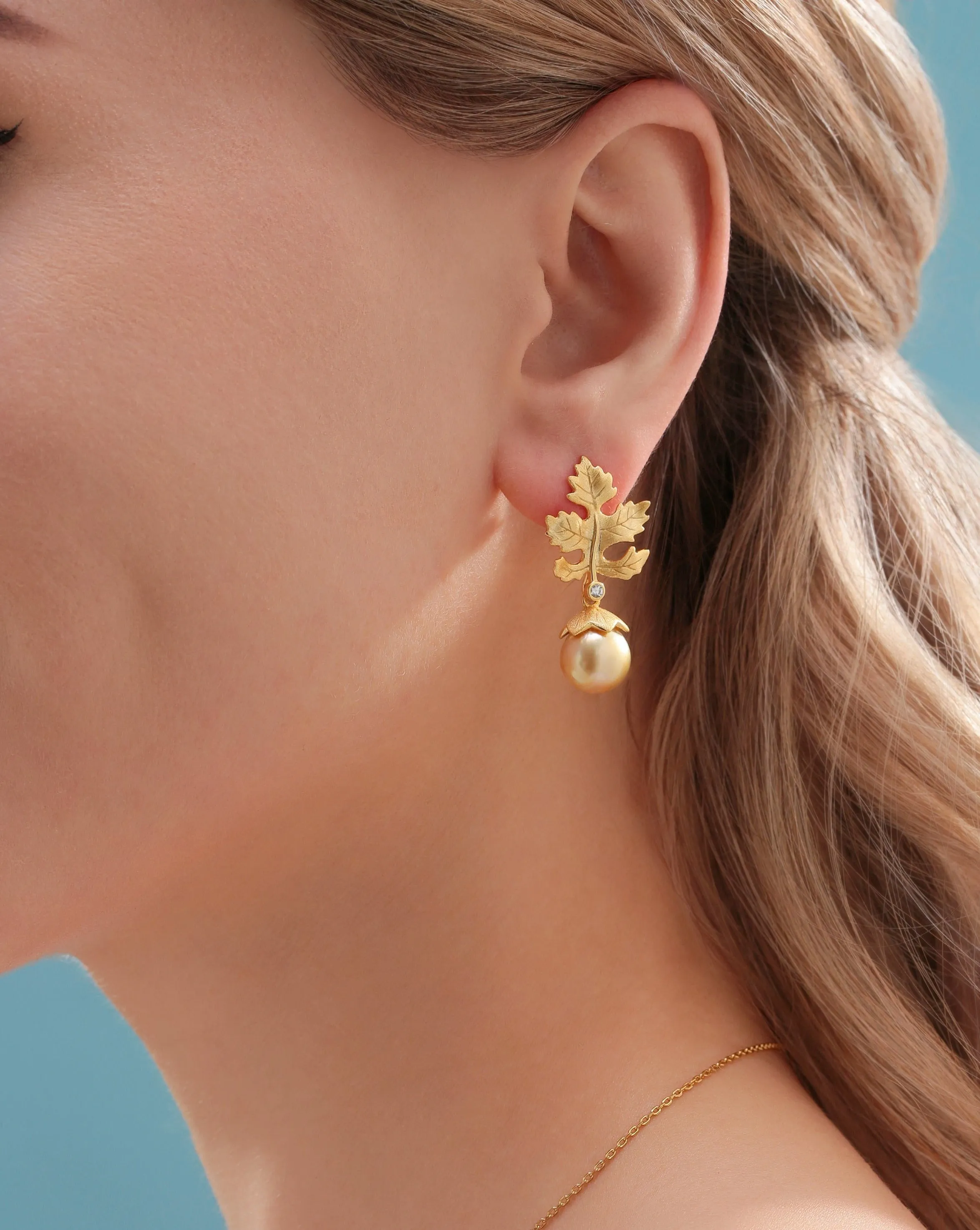 10-11mm Golden South Sea Baroque Pearl & Maple Leaf Earrings