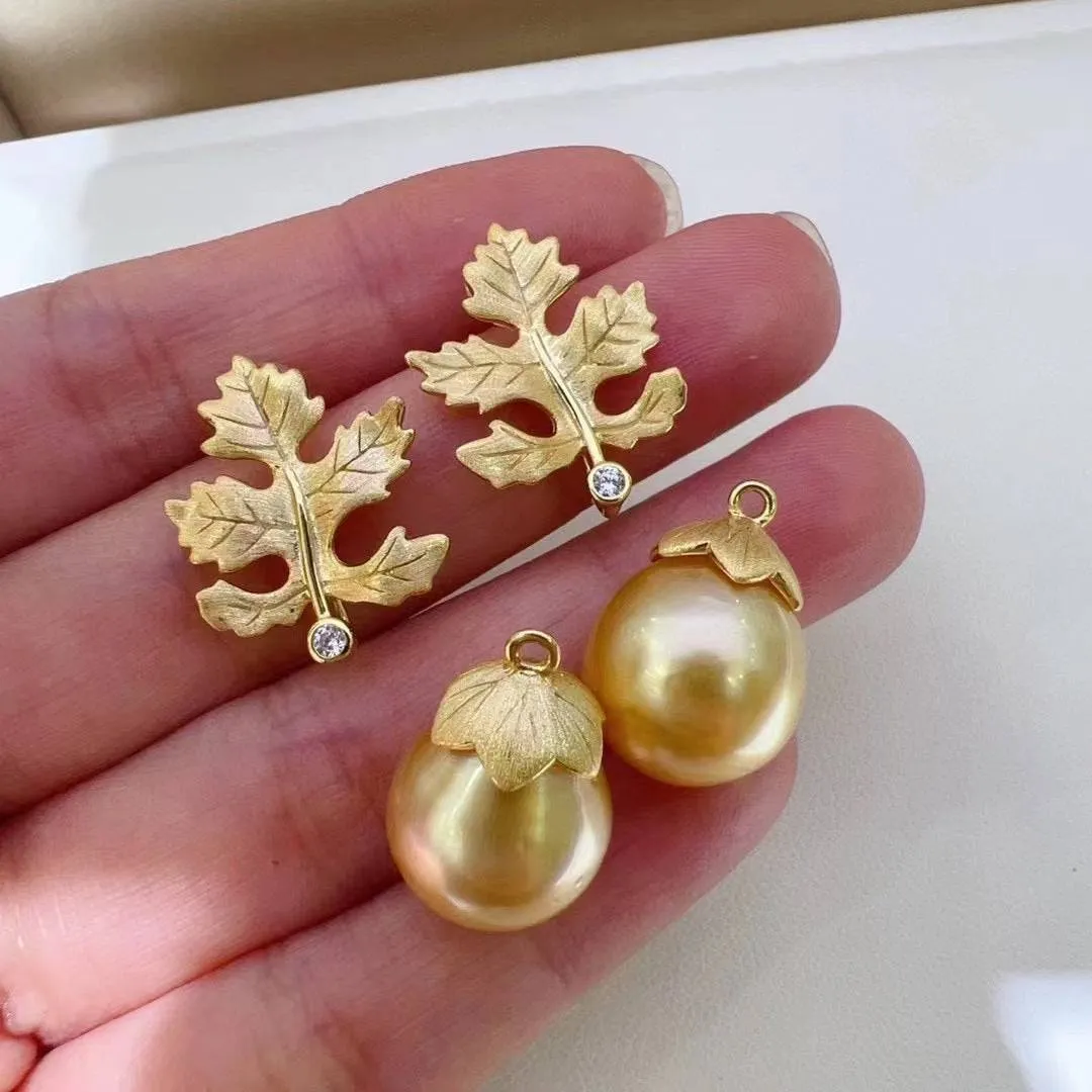 10-11mm Golden South Sea Baroque Pearl & Maple Leaf Earrings
