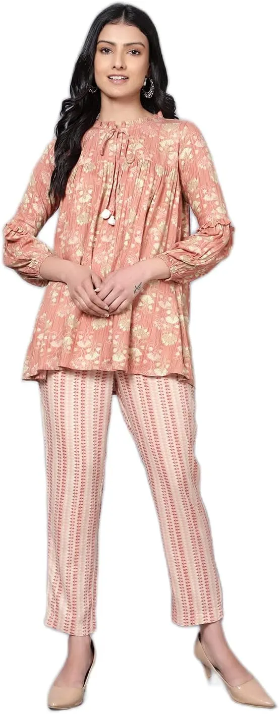 2 Piece Summer Outfits, Co-ord Set with Pant & Tunic Top with Tessel, Full Sleeves Indian Co-ord Set