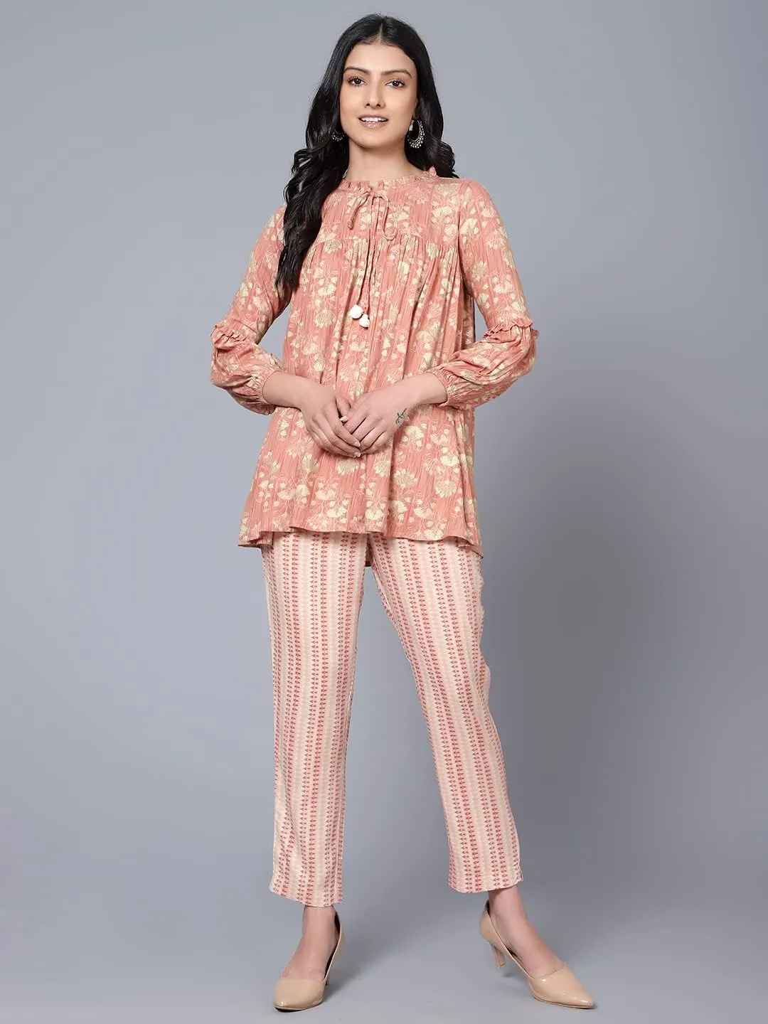 2 Piece Summer Outfits, Co-ord Set with Pant & Tunic Top with Tessel, Full Sleeves Indian Co-ord Set