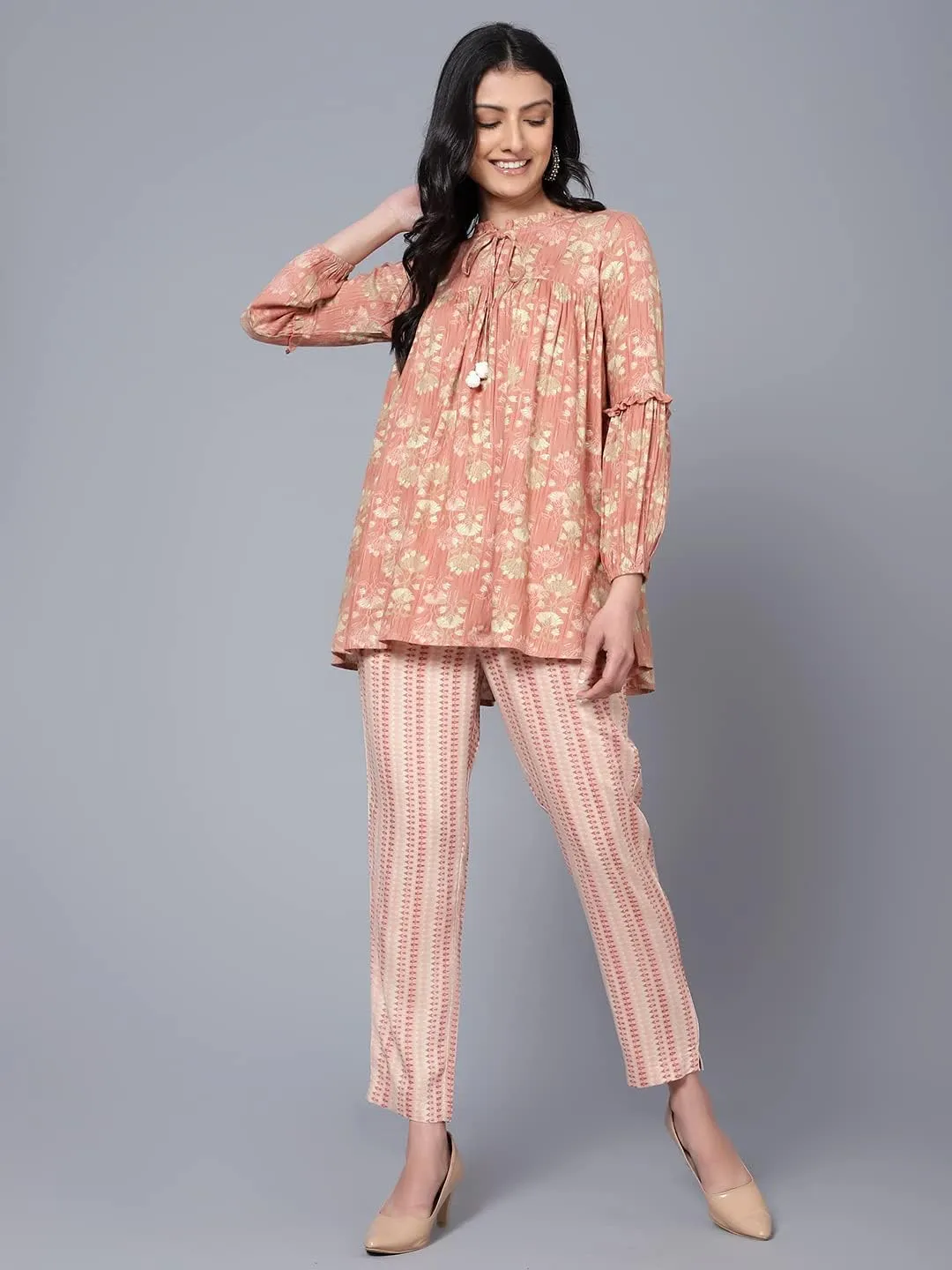 2 Piece Summer Outfits, Co-ord Set with Pant & Tunic Top with Tessel, Full Sleeves Indian Co-ord Set