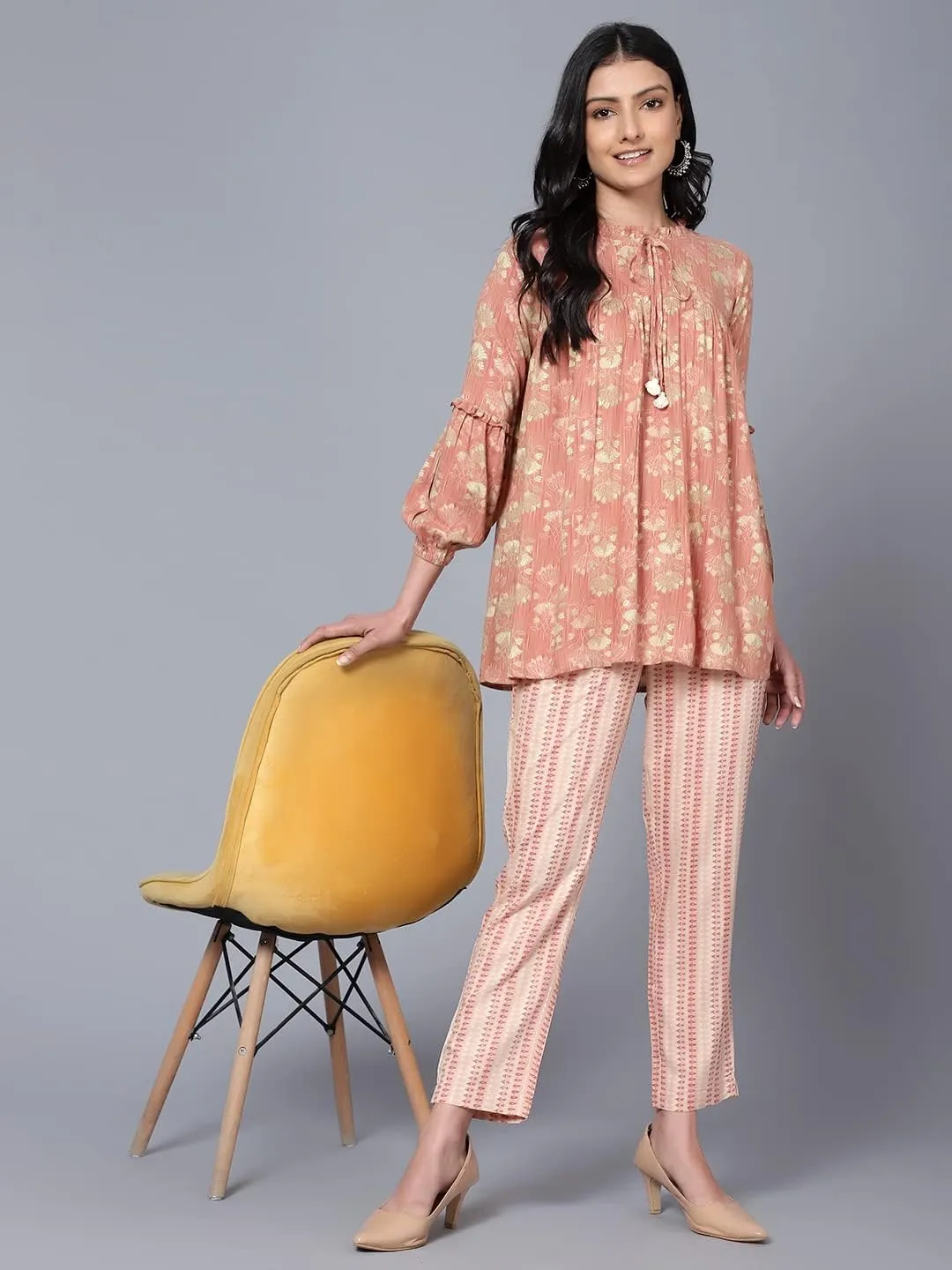 2 Piece Summer Outfits, Co-ord Set with Pant & Tunic Top with Tessel, Full Sleeves Indian Co-ord Set