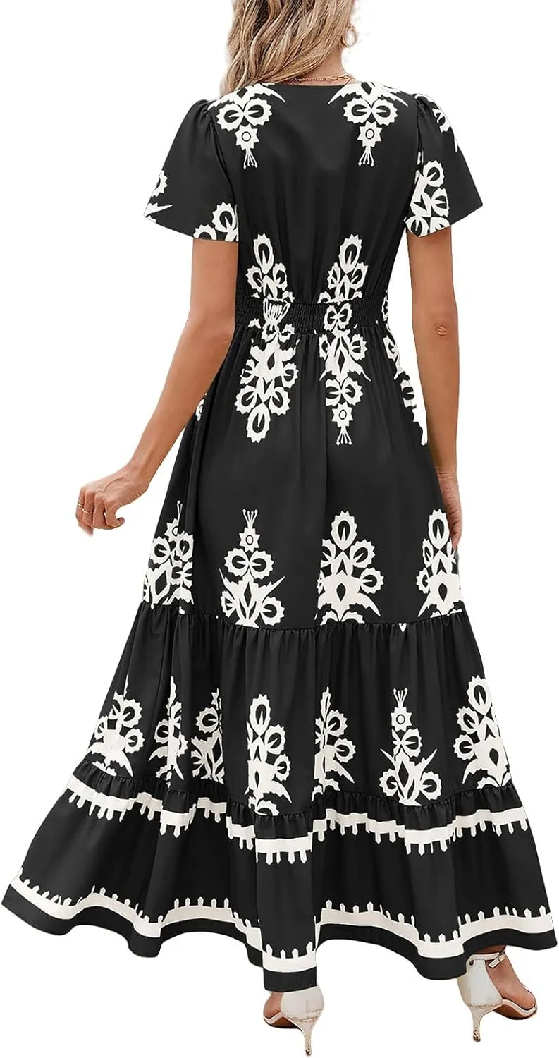 Boho Maxi Dress for Women 2025 Summer Casual V Neck Short Sleeve Flowy Long Dresses Aline Elegant Tiered Floral Dress