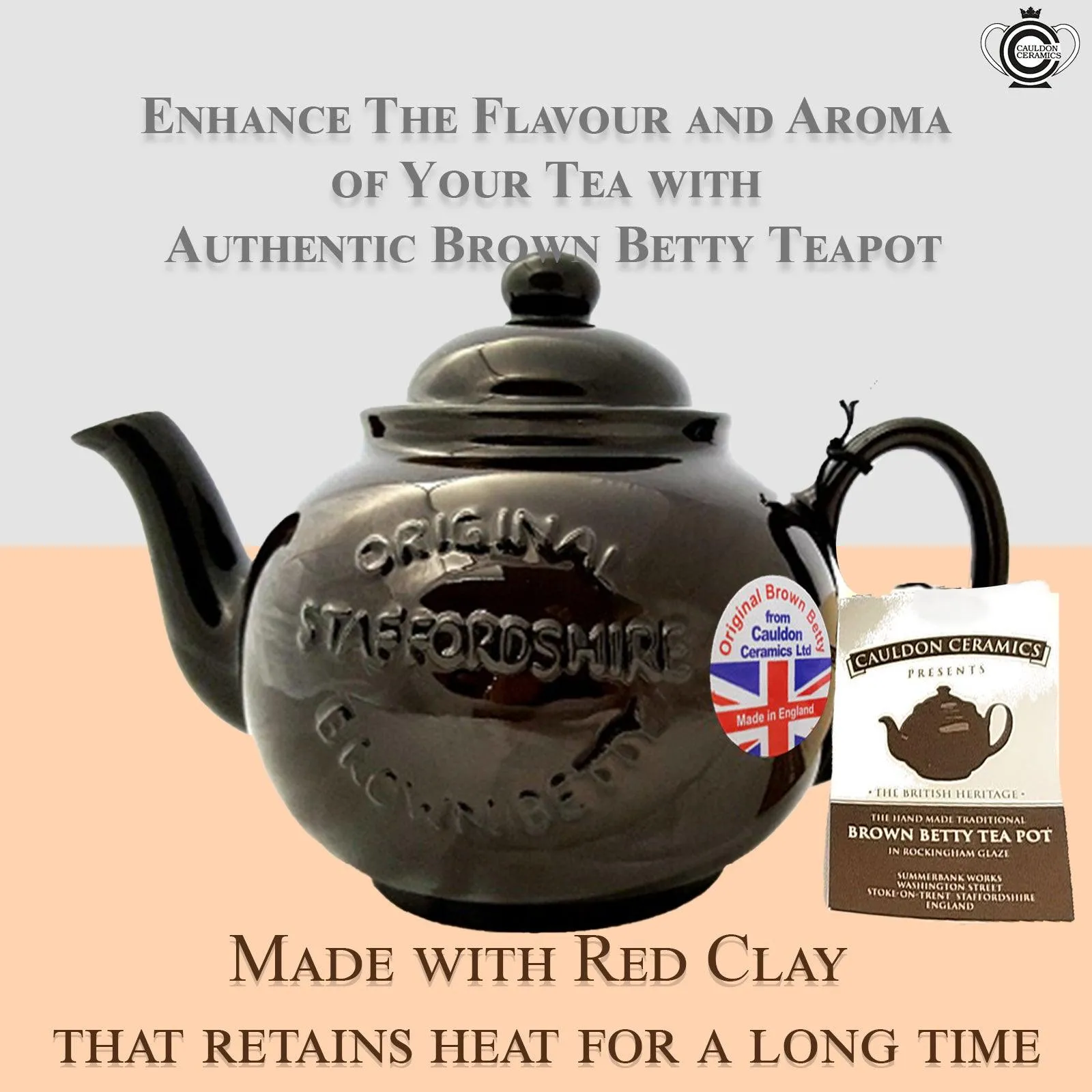 Cauldon Ceramics Brown Betty 6 Cup Teapot in Rockingham Brown with "Original Staffordshire" Logo