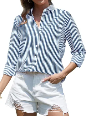 CUNLIN Grade 4 Wrinkle-Resistant Women's Button Down Shirts Striped Long Sleeve Collared Blouses Tops with Pocket