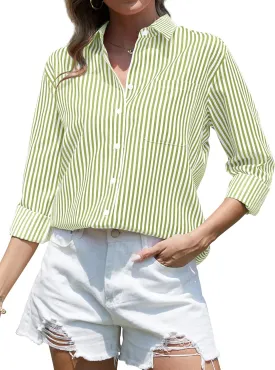CUNLIN Grade 4 Wrinkle-Resistant Women's Button Down Shirts Striped Long Sleeve Collared Blouses Tops with Pocket
