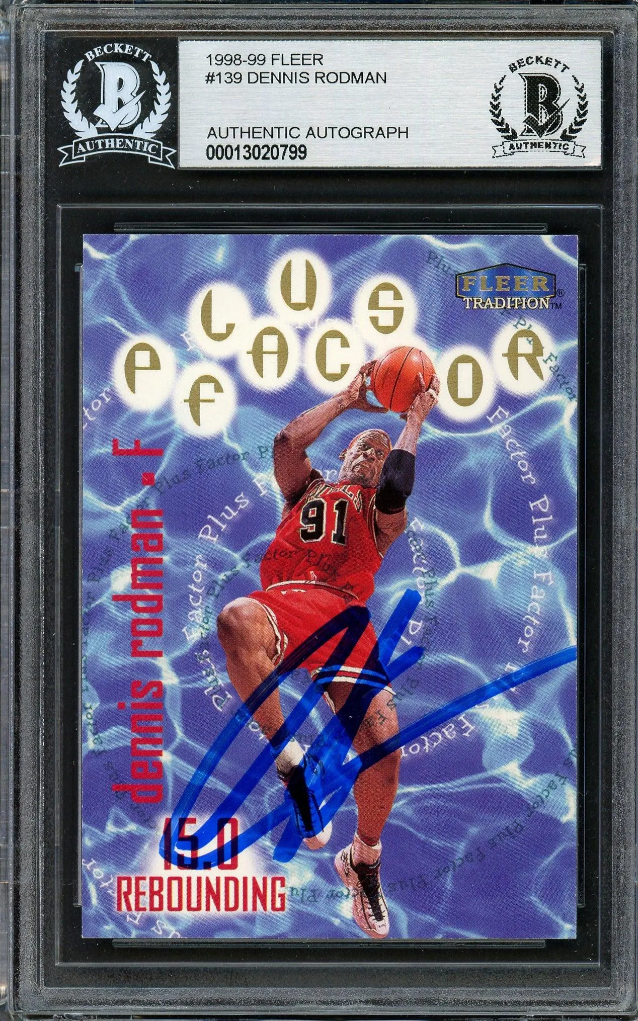 Dennis Rodman Autographed 1998-99 Fleer Tradition Card #139 Chicago Bulls Beckett BAS #13020799
