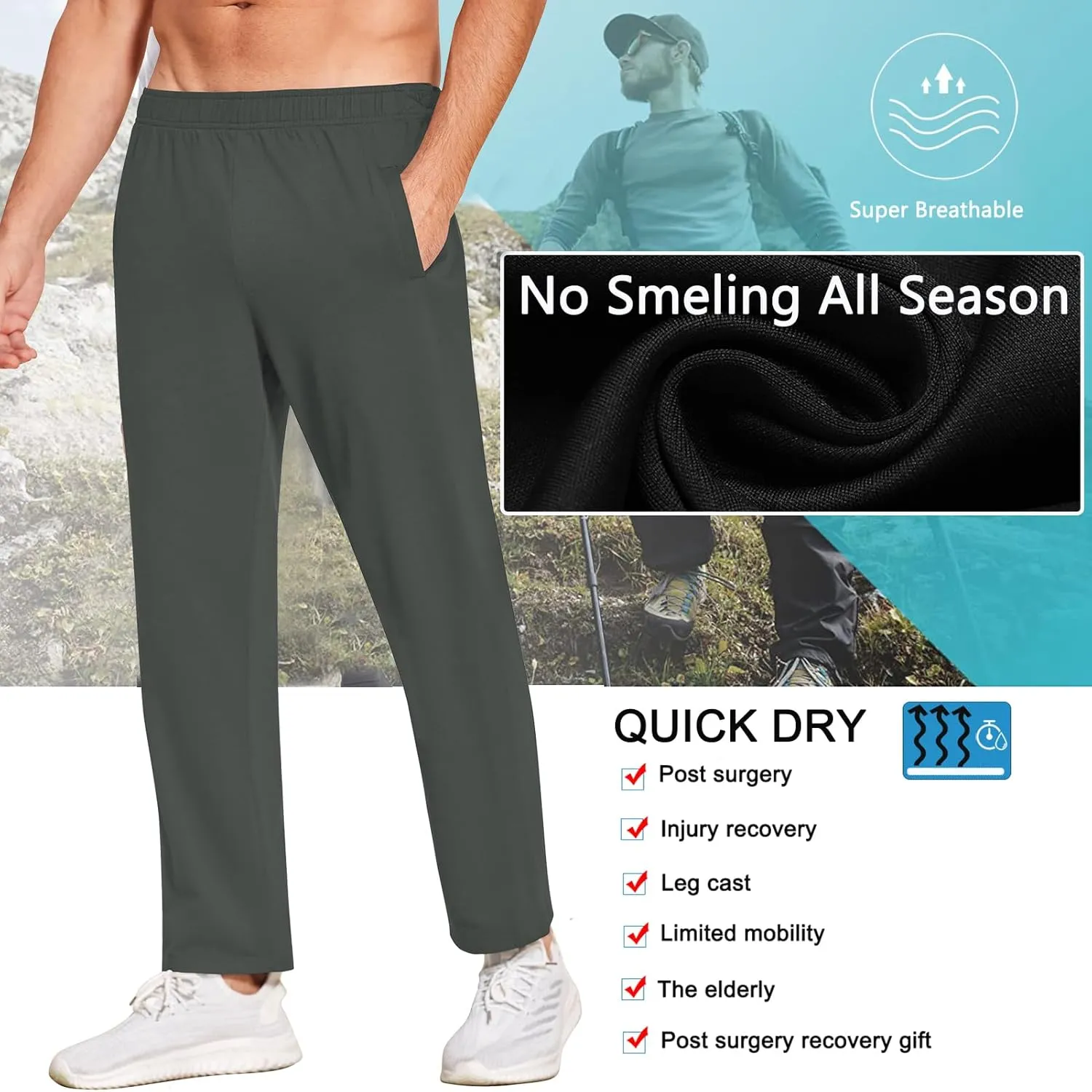Deyeek Men's Tear Away Pants 2 Side Snap Open Bottom Sweatpants Loose Fit Casual Post Surgery Pants with Pockets