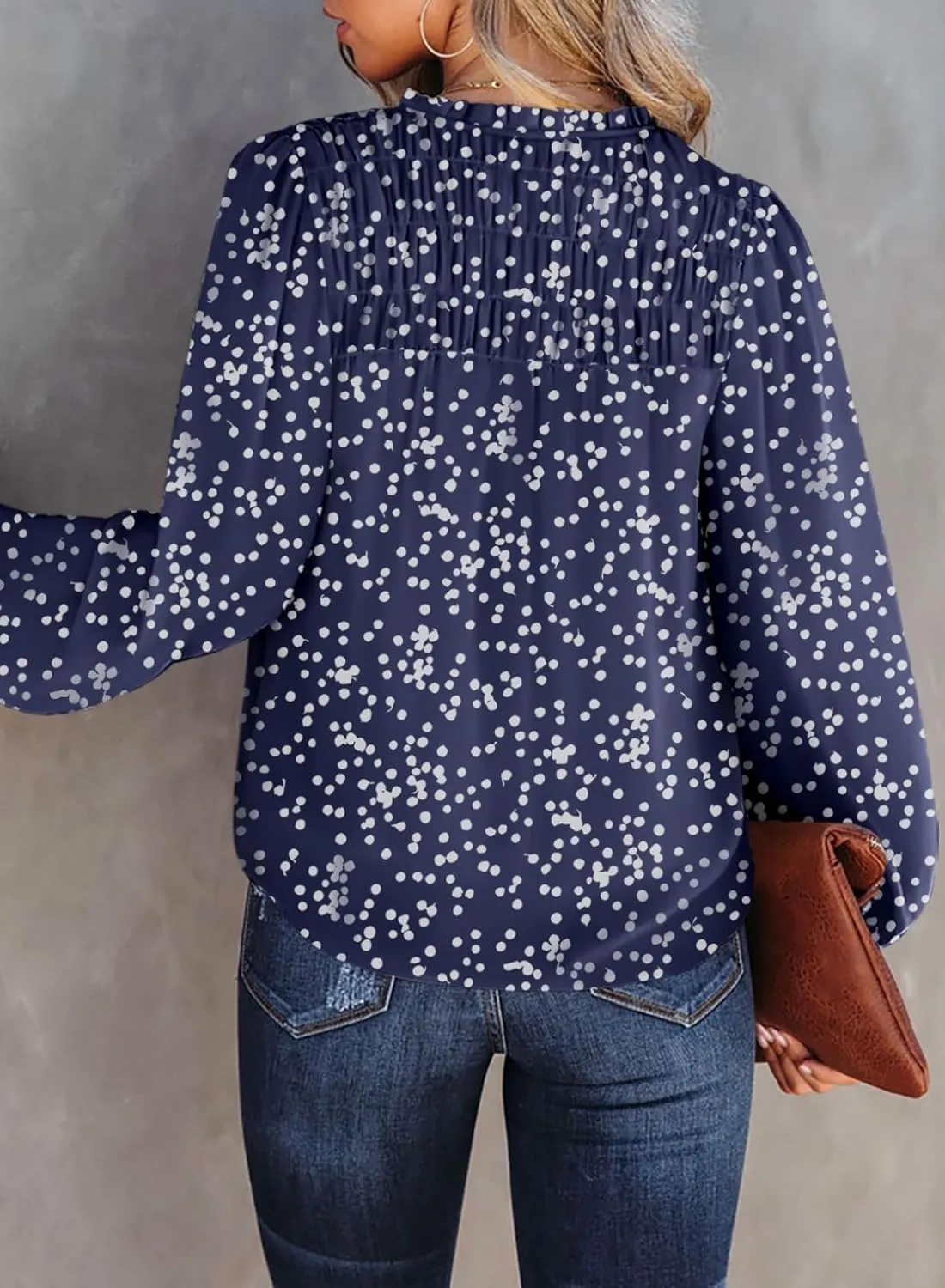Dokotoo Women's Casual V Neck Alicia Floral Print Smocked Long Sleeve Chiffon Blouses Bohemian Top Shirts