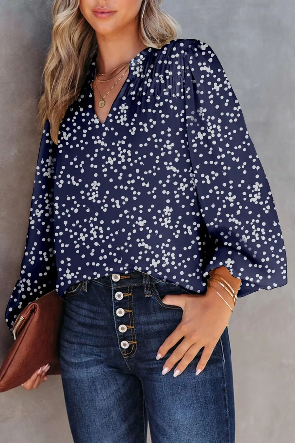Dokotoo Women's Casual V Neck Alicia Floral Print Smocked Long Sleeve Chiffon Blouses Bohemian Top Shirts