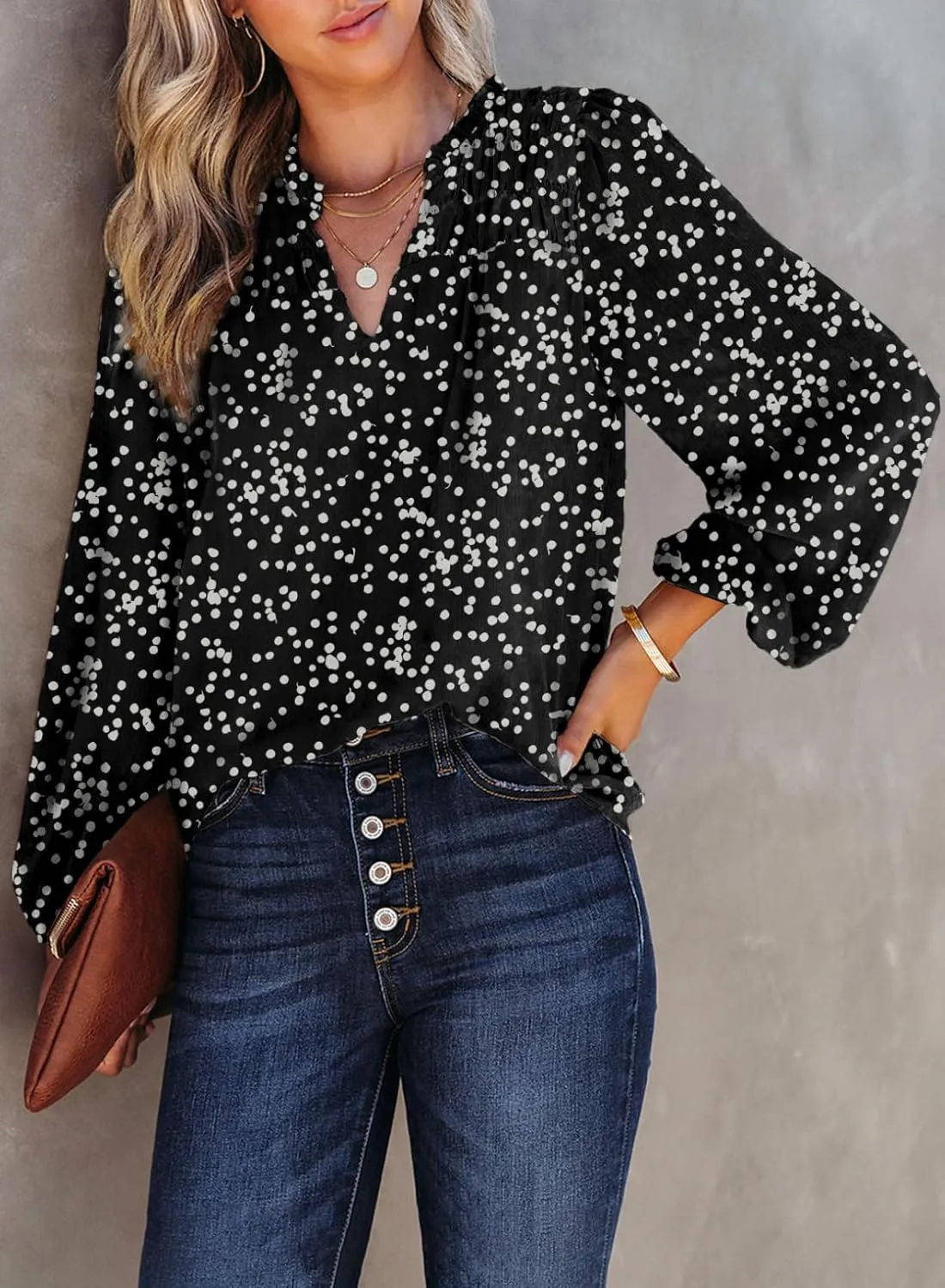 Dokotoo Women's Casual V Neck Alicia Floral Print Smocked Long Sleeve Chiffon Blouses Bohemian Top Shirts