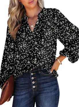 Dokotoo Women's Casual V Neck Alicia Floral Print Smocked Long Sleeve Chiffon Blouses Bohemian Top Shirts