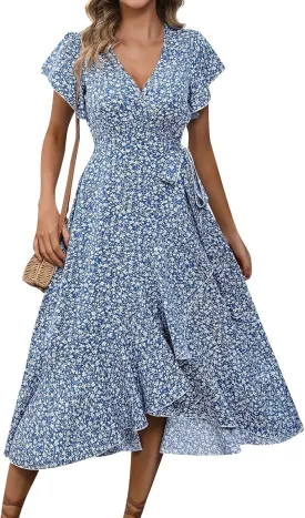 Floral Midi Dress for Women Summer V Neck Flutter Sleeve Empire Waist Belted Ruffle Midi Dress for Wedding Guest