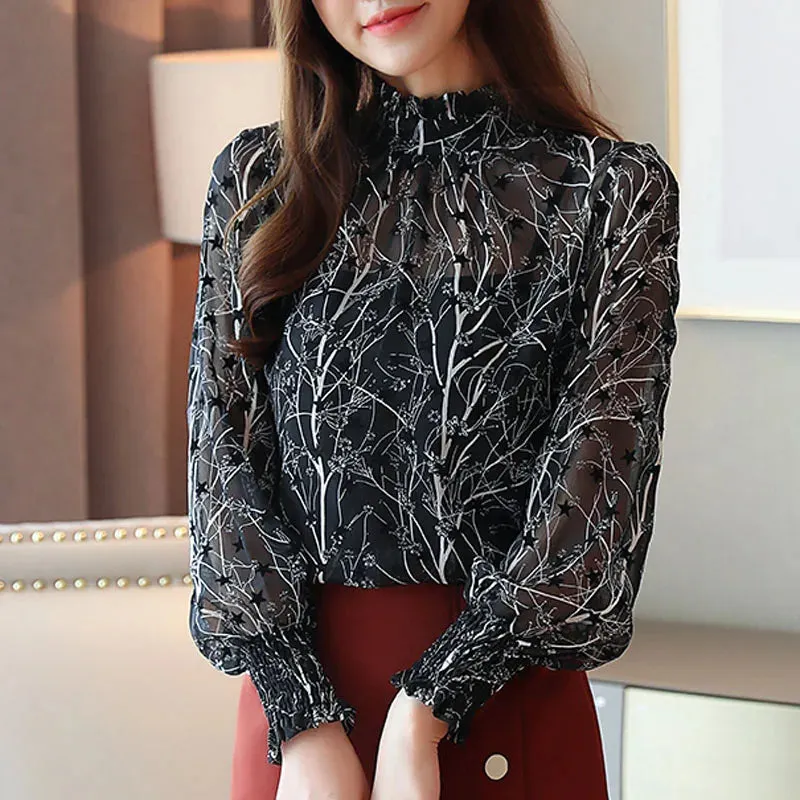 Floral Stand Collar Long Sleeve Chiffon Women's Blouse