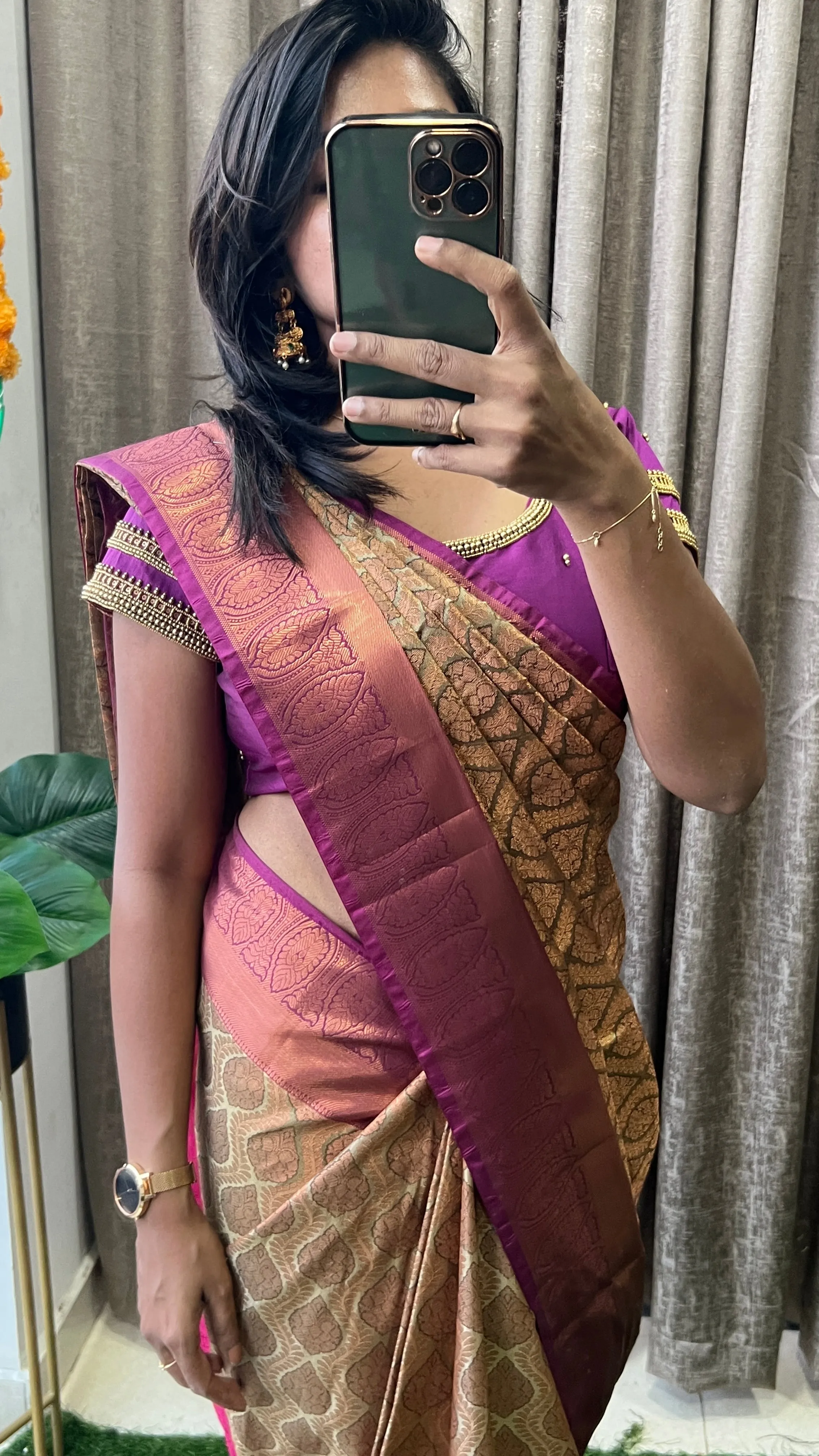 (Free full draping )Cream and golden silk saree with purple hand worked blouse