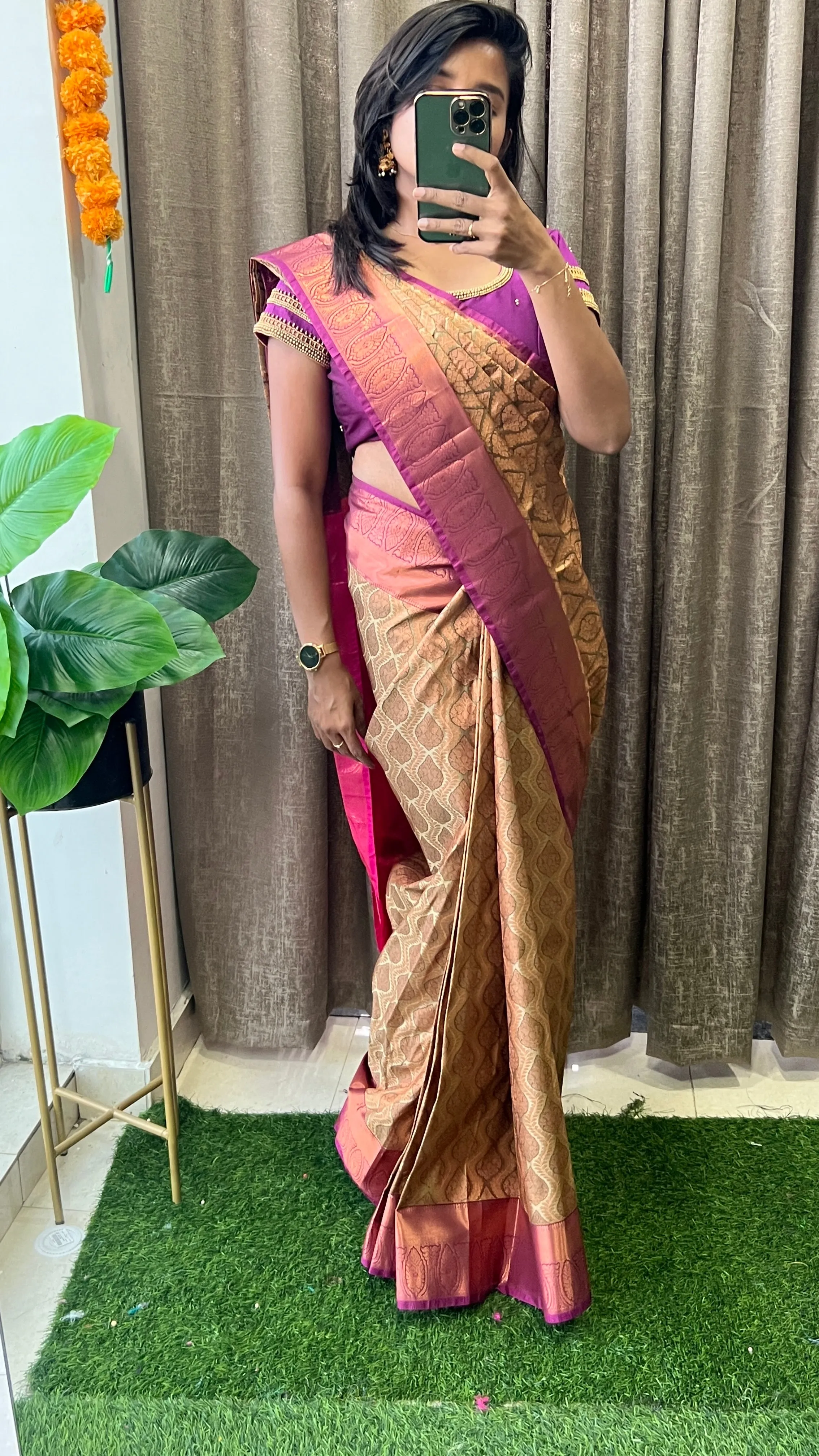 (Free full draping )Cream and golden silk saree with purple hand worked blouse