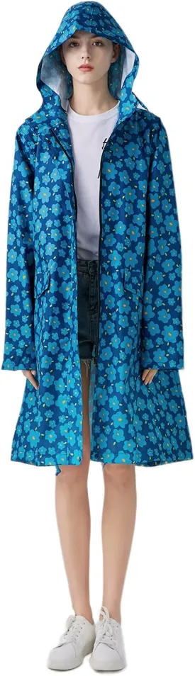 Freesmily Womens Stylish Long Raincoat Rain Jacket with Hood Zipper Button and Pockets Muti Colors Polka Dots
