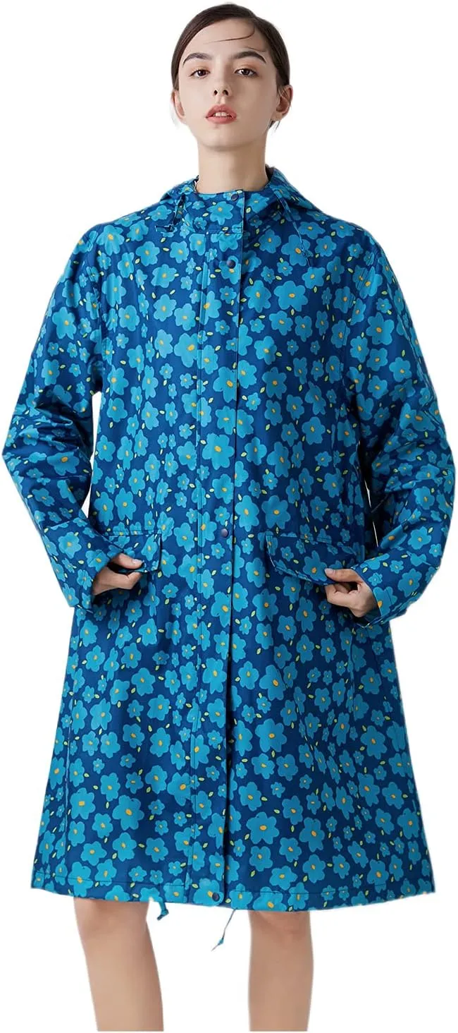 Freesmily Womens Stylish Long Raincoat Rain Jacket with Hood Zipper Button and Pockets Muti Colors Polka Dots