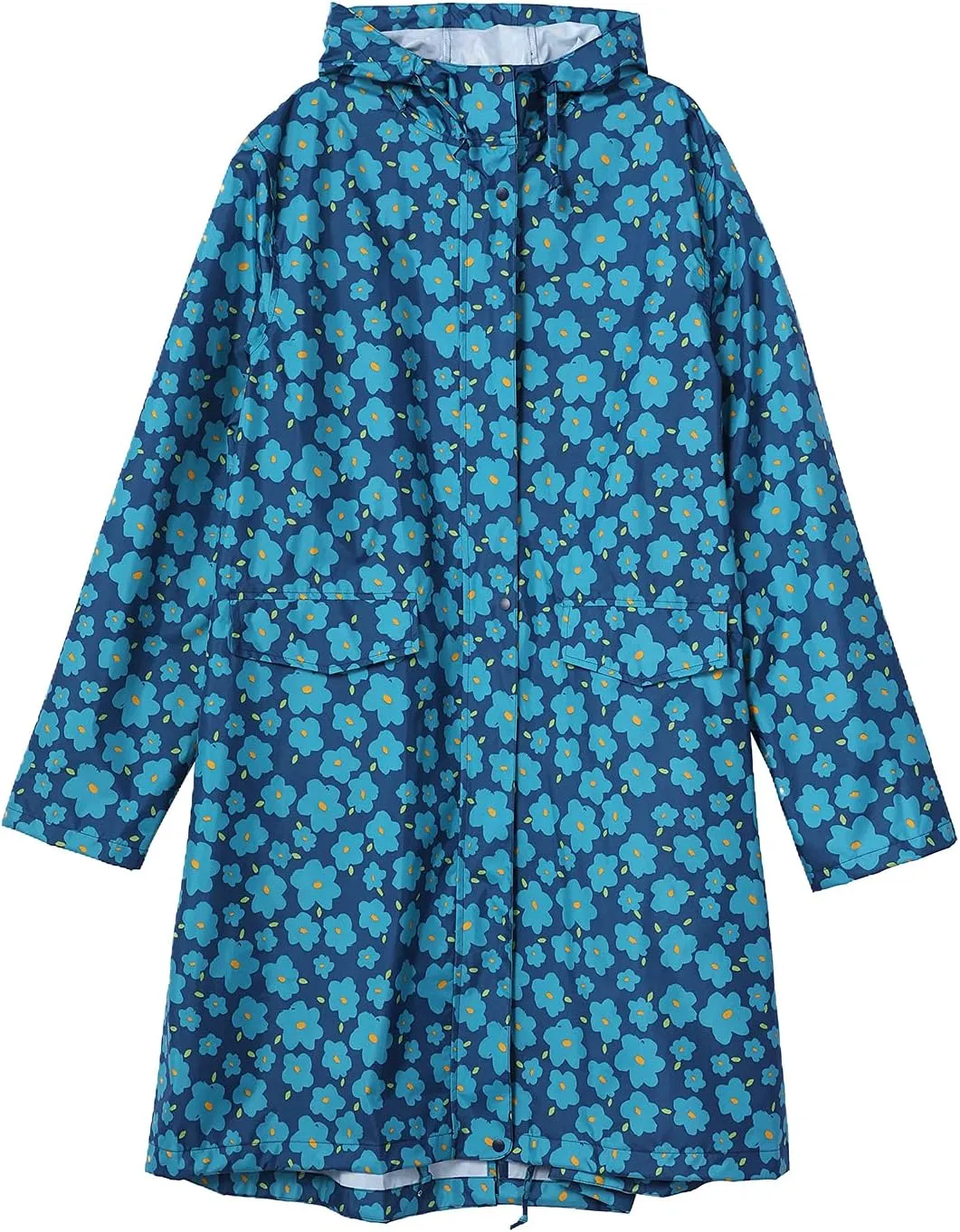 Freesmily Womens Stylish Long Raincoat Rain Jacket with Hood Zipper Button and Pockets Muti Colors Polka Dots