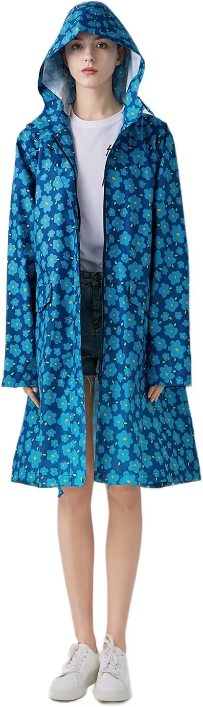 Freesmily Womens Stylish Long Raincoat Rain Jacket with Hood Zipper Button and Pockets Muti Colors Polka Dots