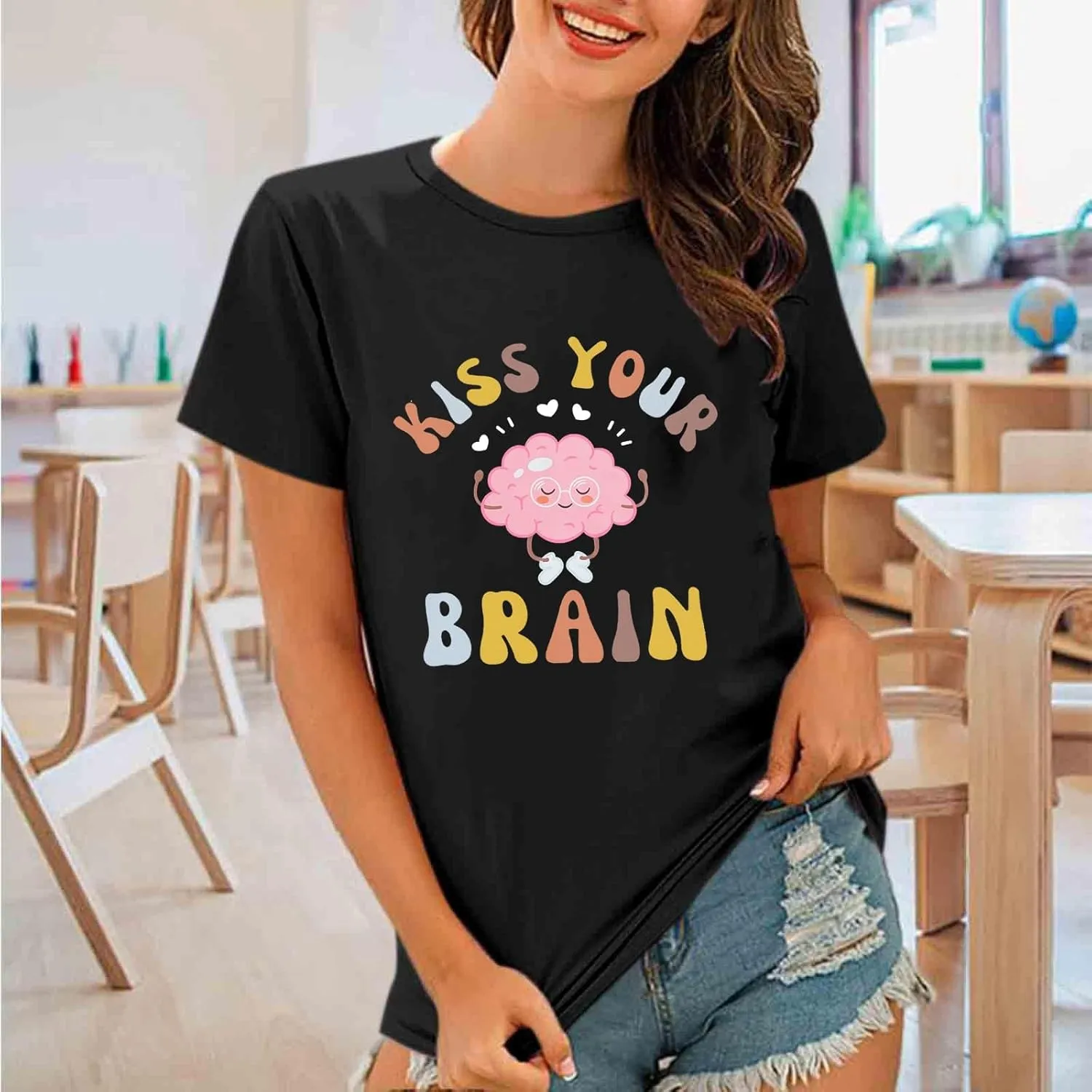 Funny Teacher Shirts for Women Kiss Your Brain Teacher T Shirt Special Education Teacher Life Tops Cute Graphic Tee