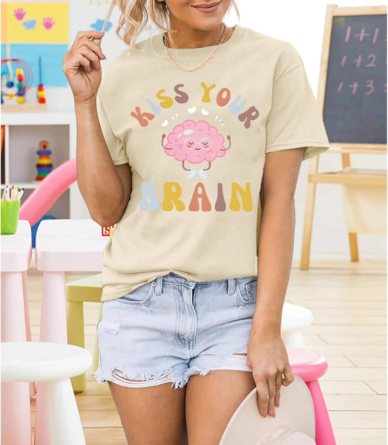 Funny Teacher Shirts for Women Kiss Your Brain Teacher T Shirt Special Education Teacher Life Tops Cute Graphic Tee