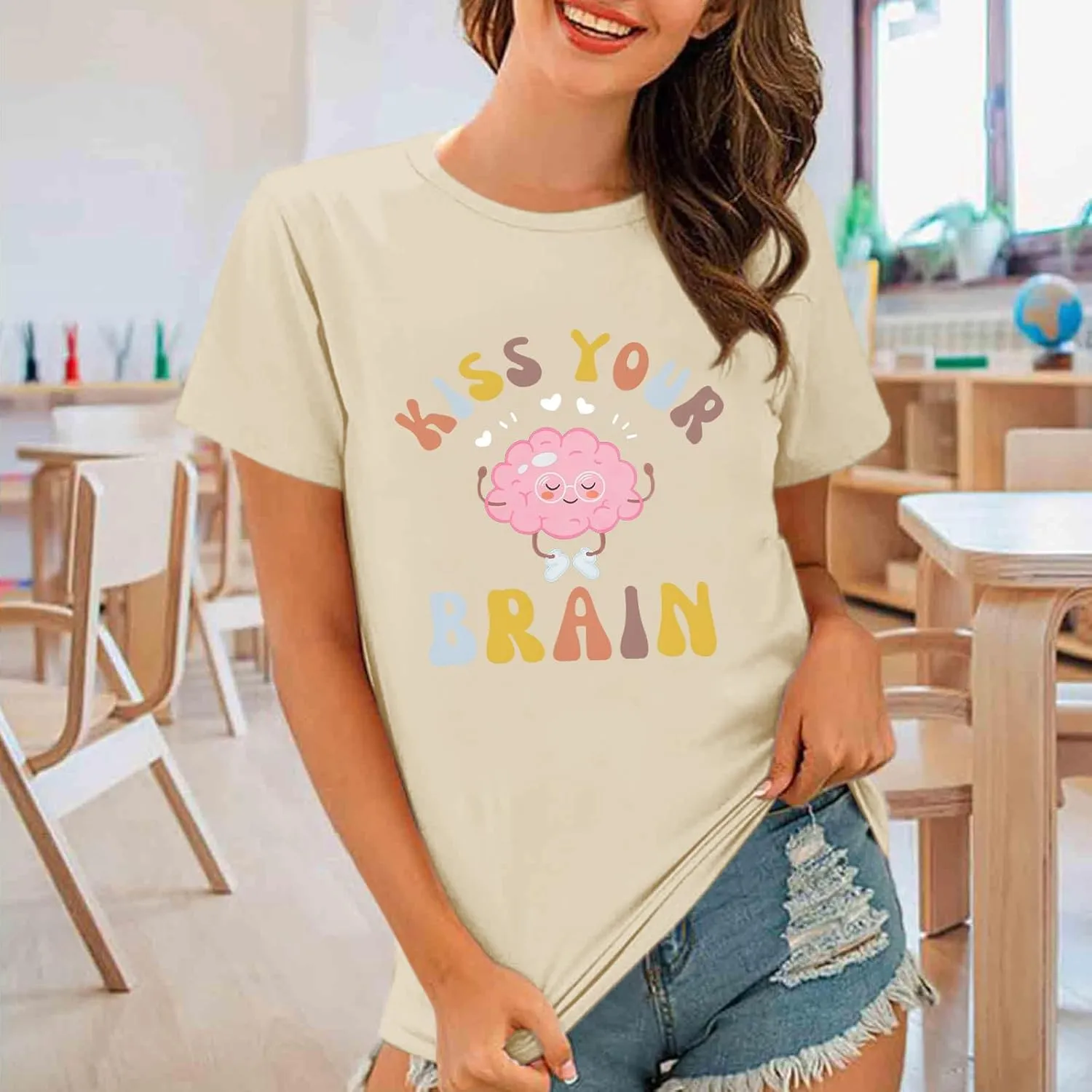 Funny Teacher Shirts for Women Kiss Your Brain Teacher T Shirt Special Education Teacher Life Tops Cute Graphic Tee