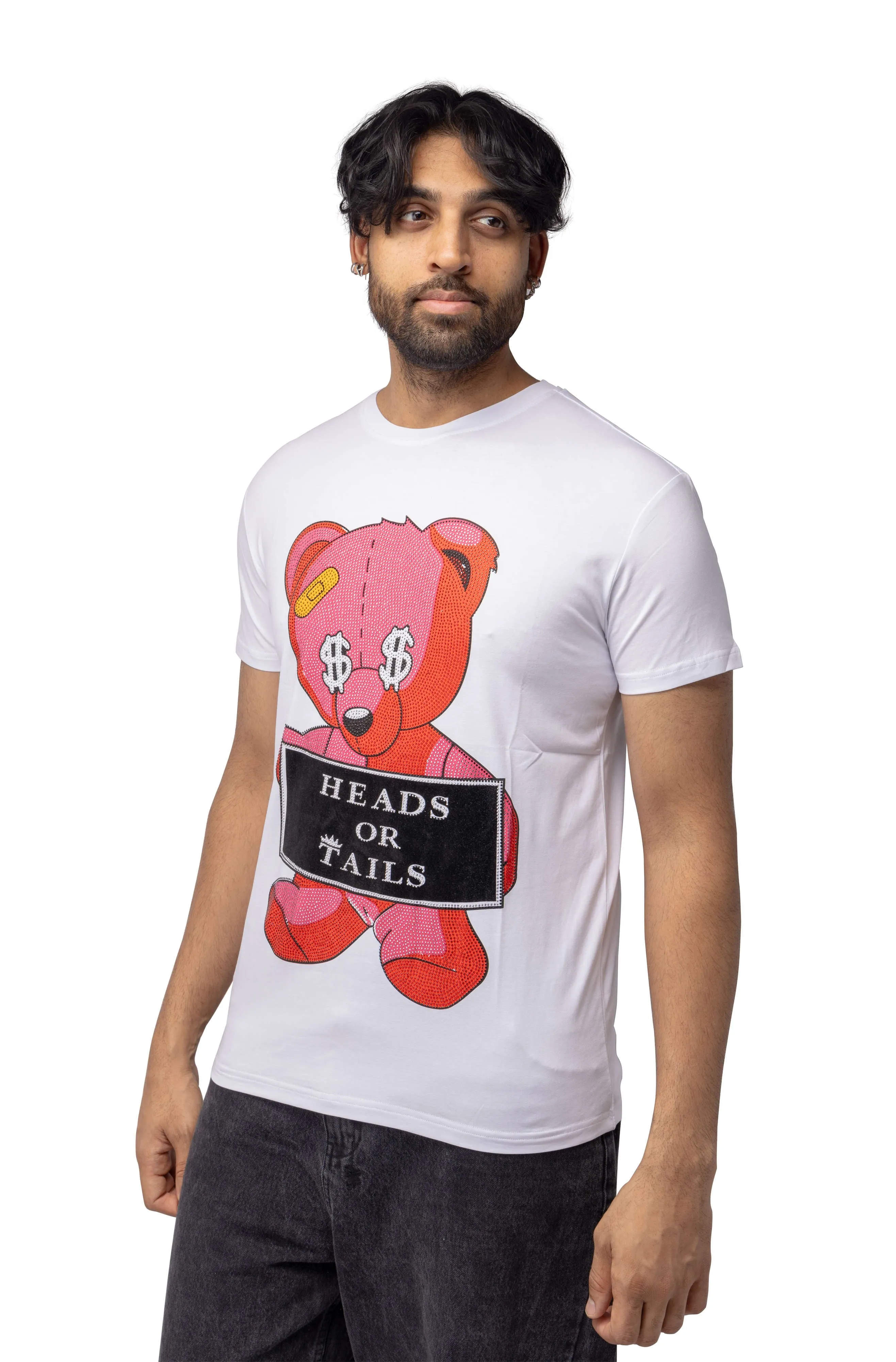 Heads or Tails Men's Slim Fit Crewneck Rhinestone Studded Graphic Printed T-Shirt Stone Tee Red Teddy Cash Bear