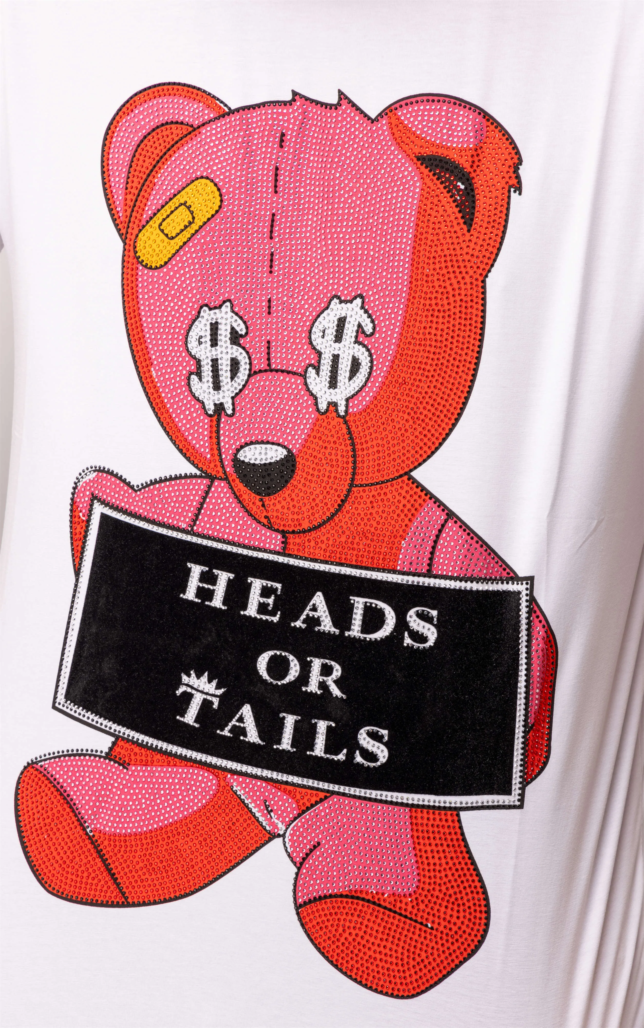 Heads or Tails Men's Slim Fit Crewneck Rhinestone Studded Graphic Printed T-Shirt Stone Tee Red Teddy Cash Bear