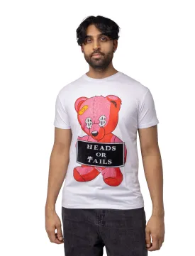 Heads or Tails Men's Slim Fit Crewneck Rhinestone Studded Graphic Printed T-Shirt Stone Tee Red Teddy Cash Bear