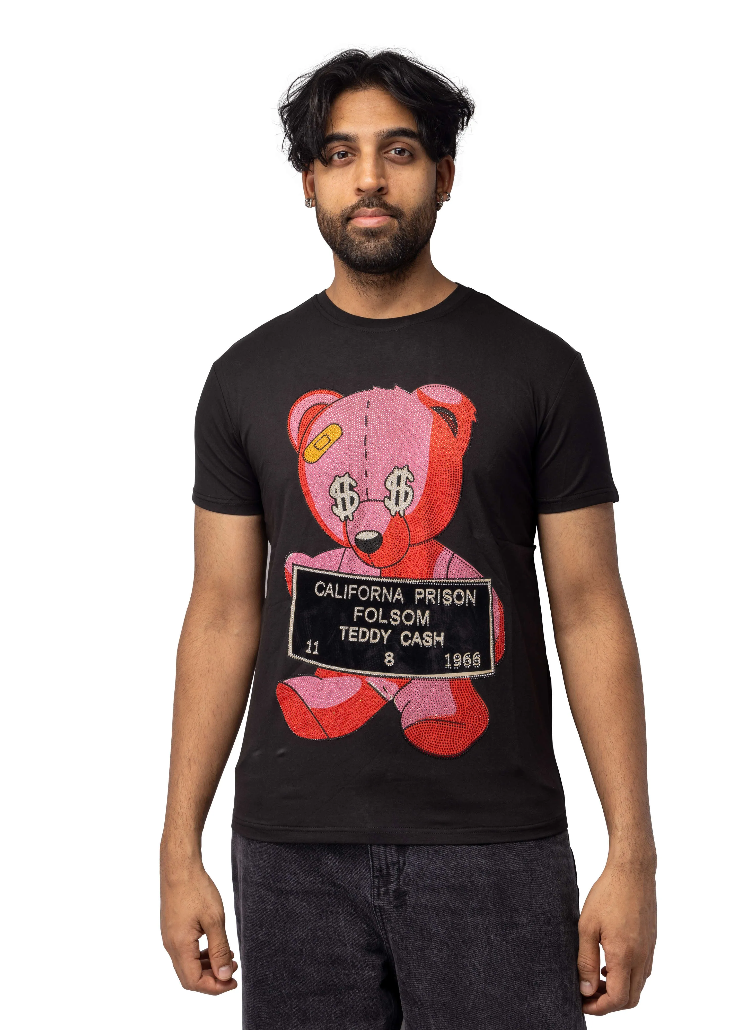 Heads or Tails Men's Slim Fit Crewneck Rhinestone Studded Graphic Printed T-Shirt Stone Tee Red Teddy Cash Bear