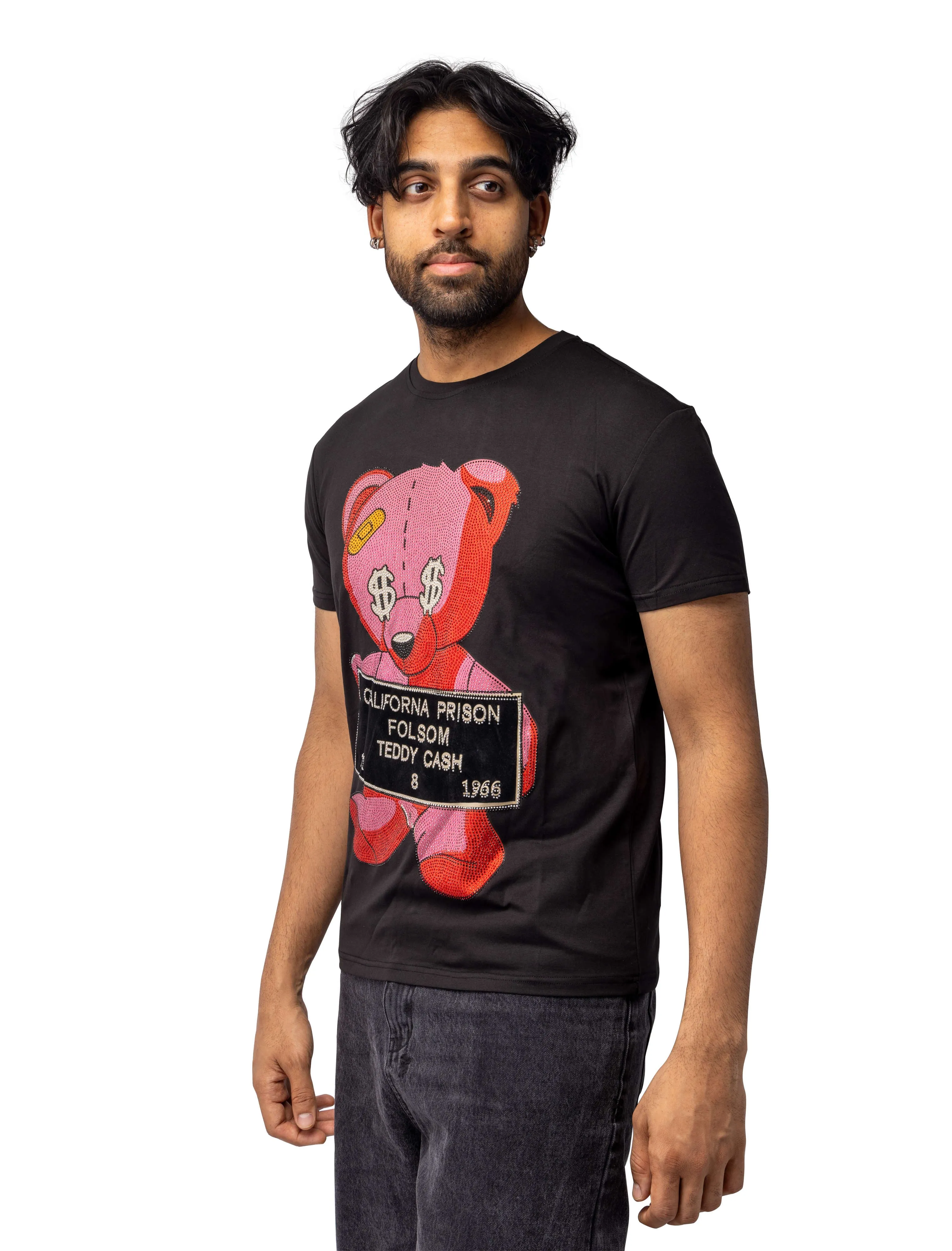 Heads or Tails Men's Slim Fit Crewneck Rhinestone Studded Graphic Printed T-Shirt Stone Tee Red Teddy Cash Bear