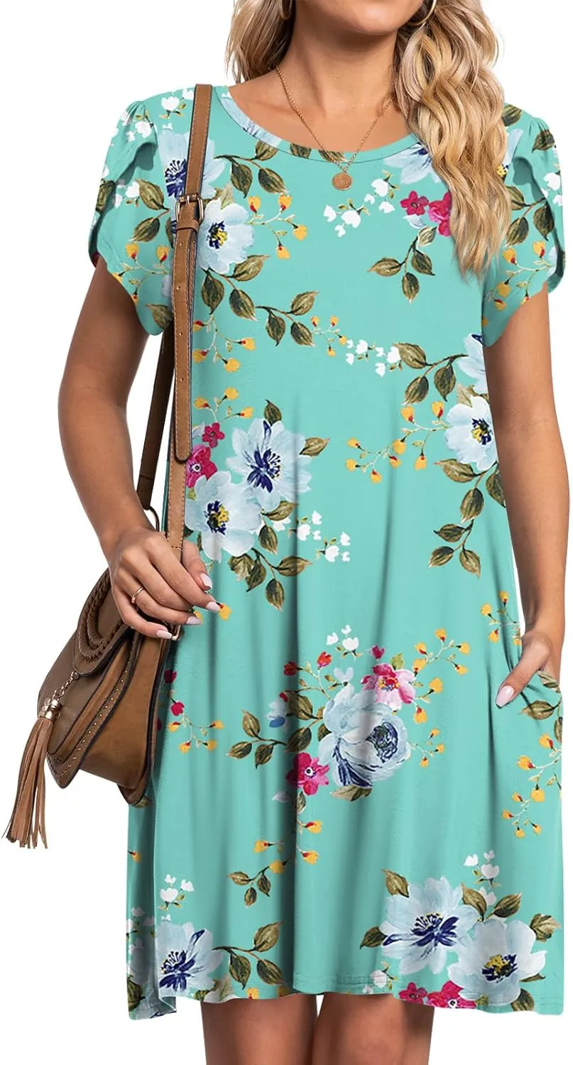 HOTGIFT 2025 Womens Dress Summer Short Sleeve Crewneck Sundress with Pockets M-4XL
