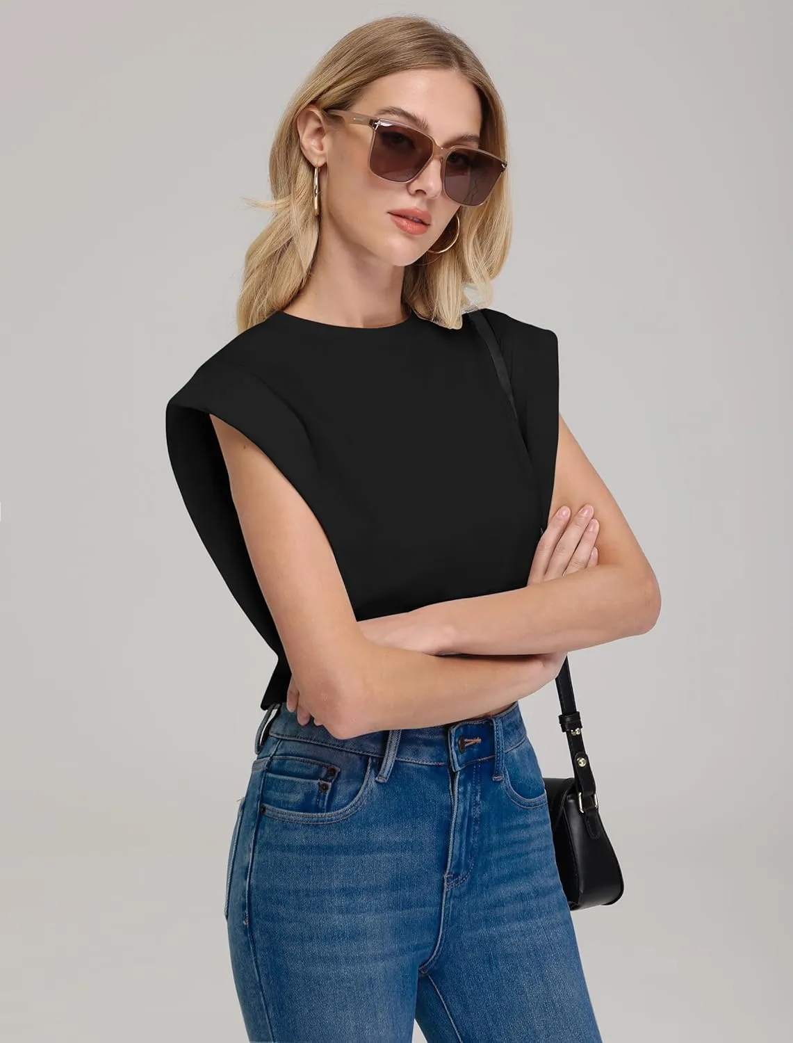 IWD Cap Sleeve Tops for Women Summer Crewneck Drop Shoulder Cropped Tank Top Dressy Casual Loose Fit Basic T-Shirts