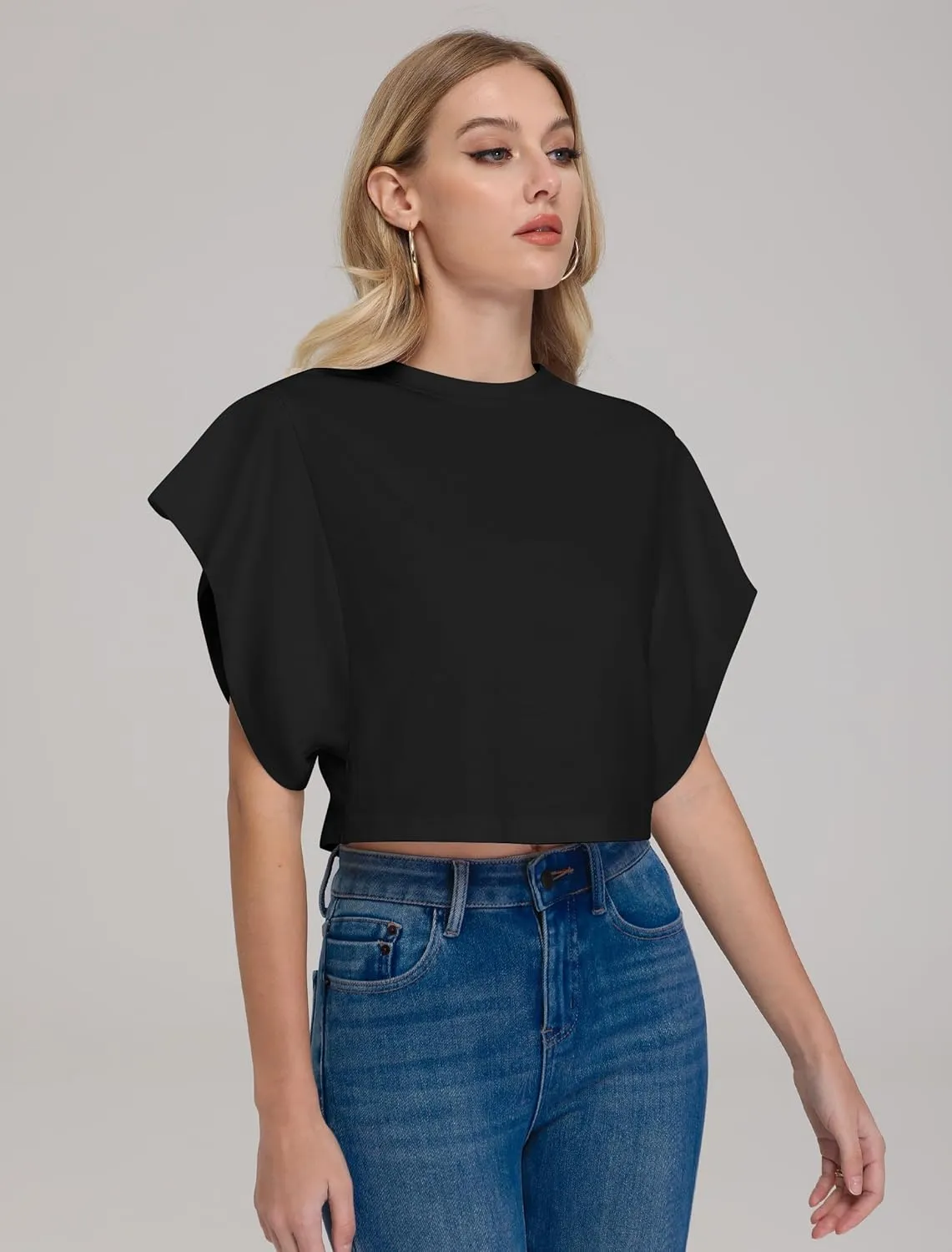 IWD Cap Sleeve Tops for Women Summer Crewneck Drop Shoulder Cropped Tank Top Dressy Casual Loose Fit Basic T-Shirts