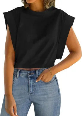 IWD Cap Sleeve Tops for Women Summer Crewneck Drop Shoulder Cropped Tank Top Dressy Casual Loose Fit Basic T-Shirts