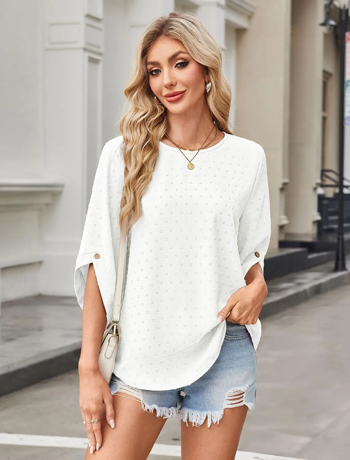 JUSTFASHIONNOW Womens Tops Dressy Casual 3/4 Sleeve Blouses Summer Tops 2025 Trendy Swiss Dots Shirts