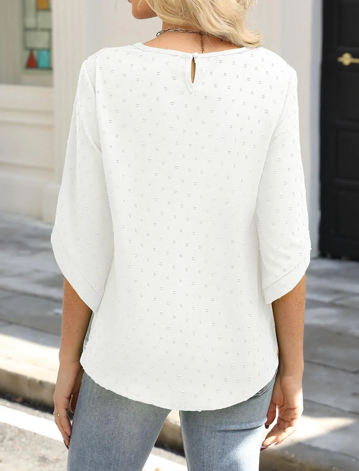 JUSTFASHIONNOW Womens Tops Dressy Casual 3/4 Sleeve Blouses Summer Tops 2025 Trendy Swiss Dots Shirts