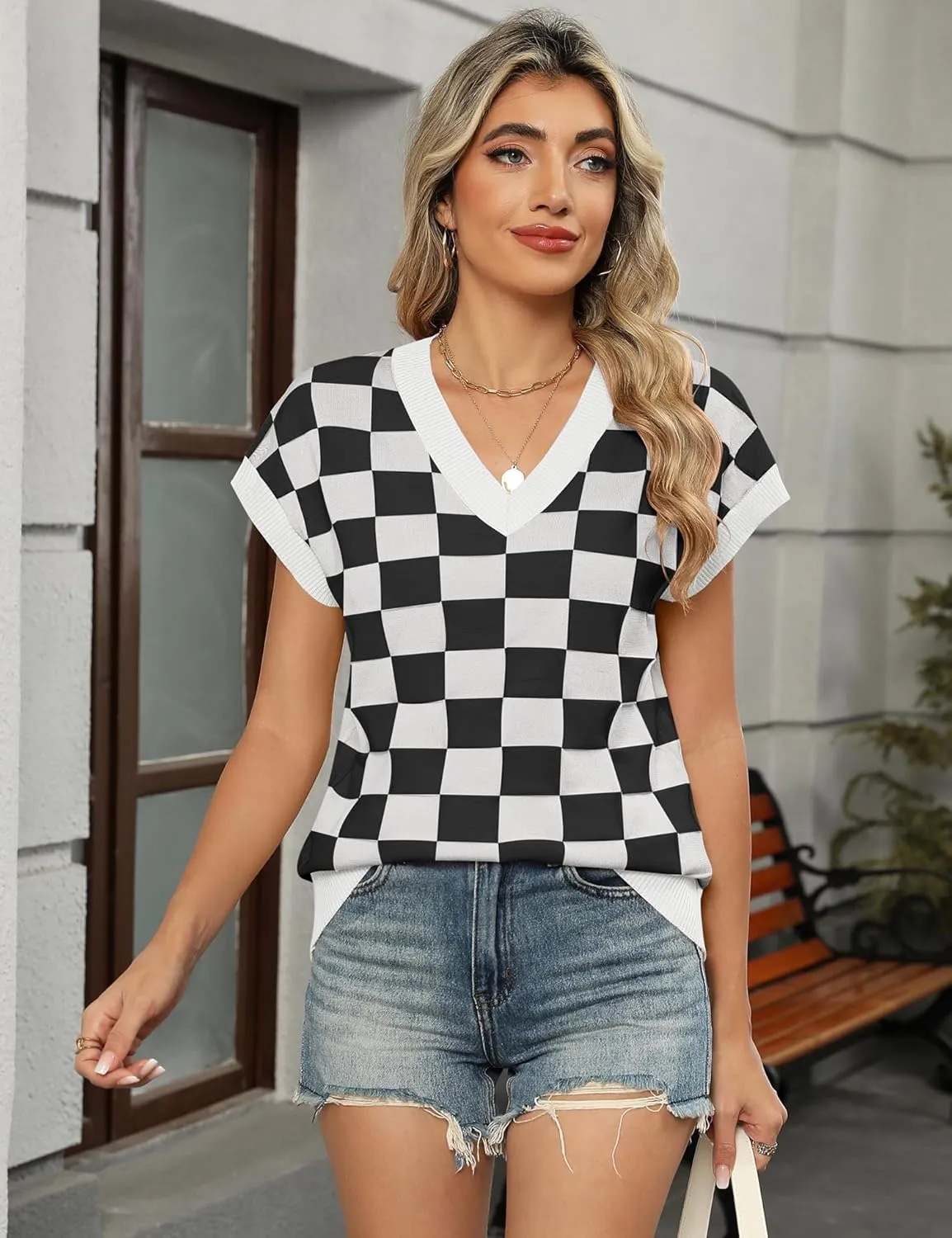 LOMON Womens Summer Cap Sleeve Sweater Vest Casual V Neck Knit Short Sleeve Plaid Pullover Sweaters Loose Fit Work Tops