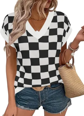 LOMON Womens Summer Cap Sleeve Sweater Vest Casual V Neck Knit Short Sleeve Plaid Pullover Sweaters Loose Fit Work Tops