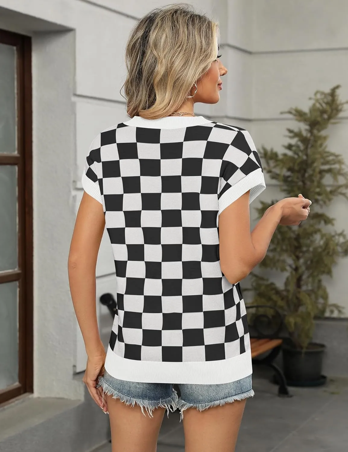 LOMON Womens Summer Cap Sleeve Sweater Vest Casual V Neck Knit Short Sleeve Plaid Pullover Sweaters Loose Fit Work Tops