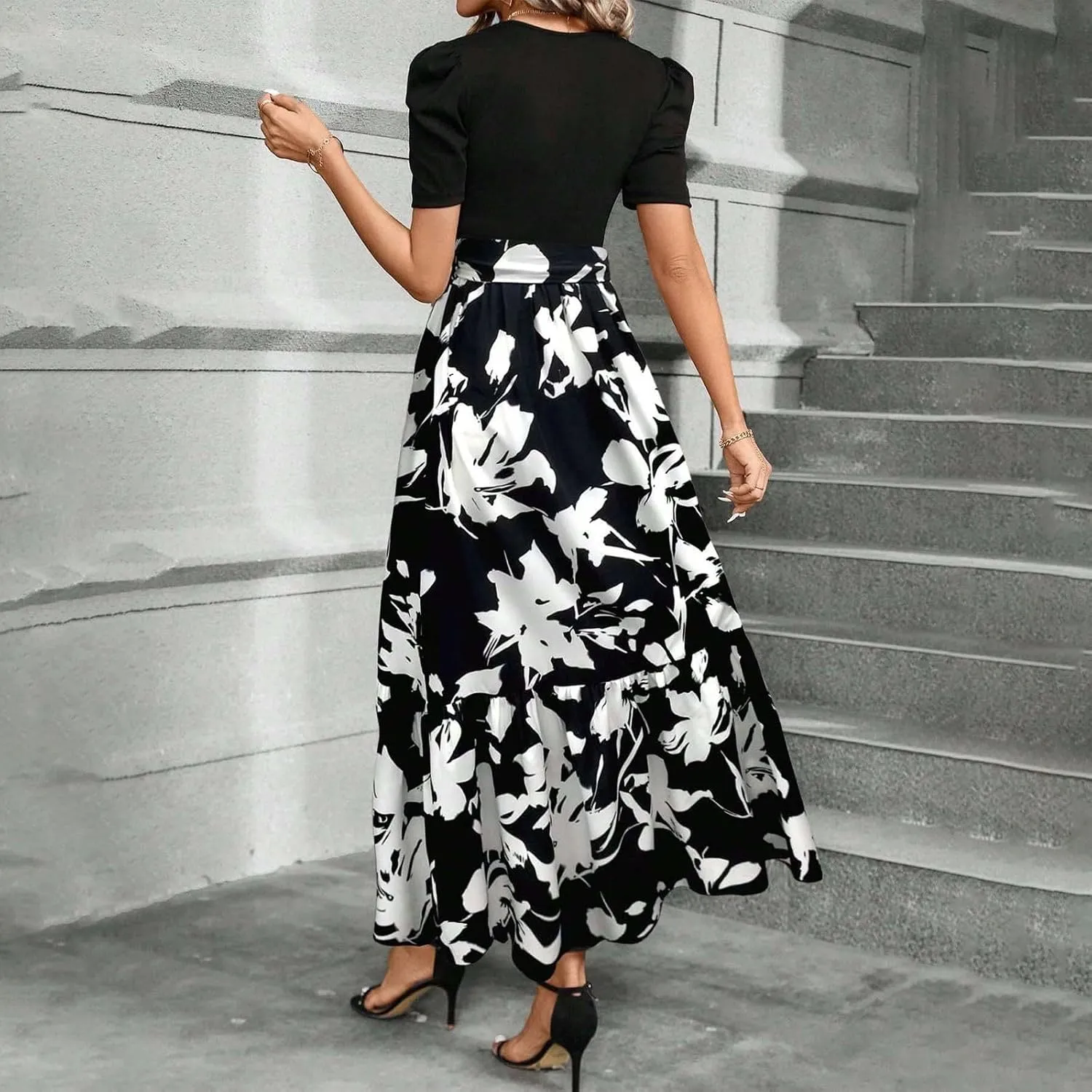 Long Floral Dresses for Women 2025 Elegant Boho Tie Belted Patchwork Empire Waist Short Sleeve Modest Flowy Maxi Dress