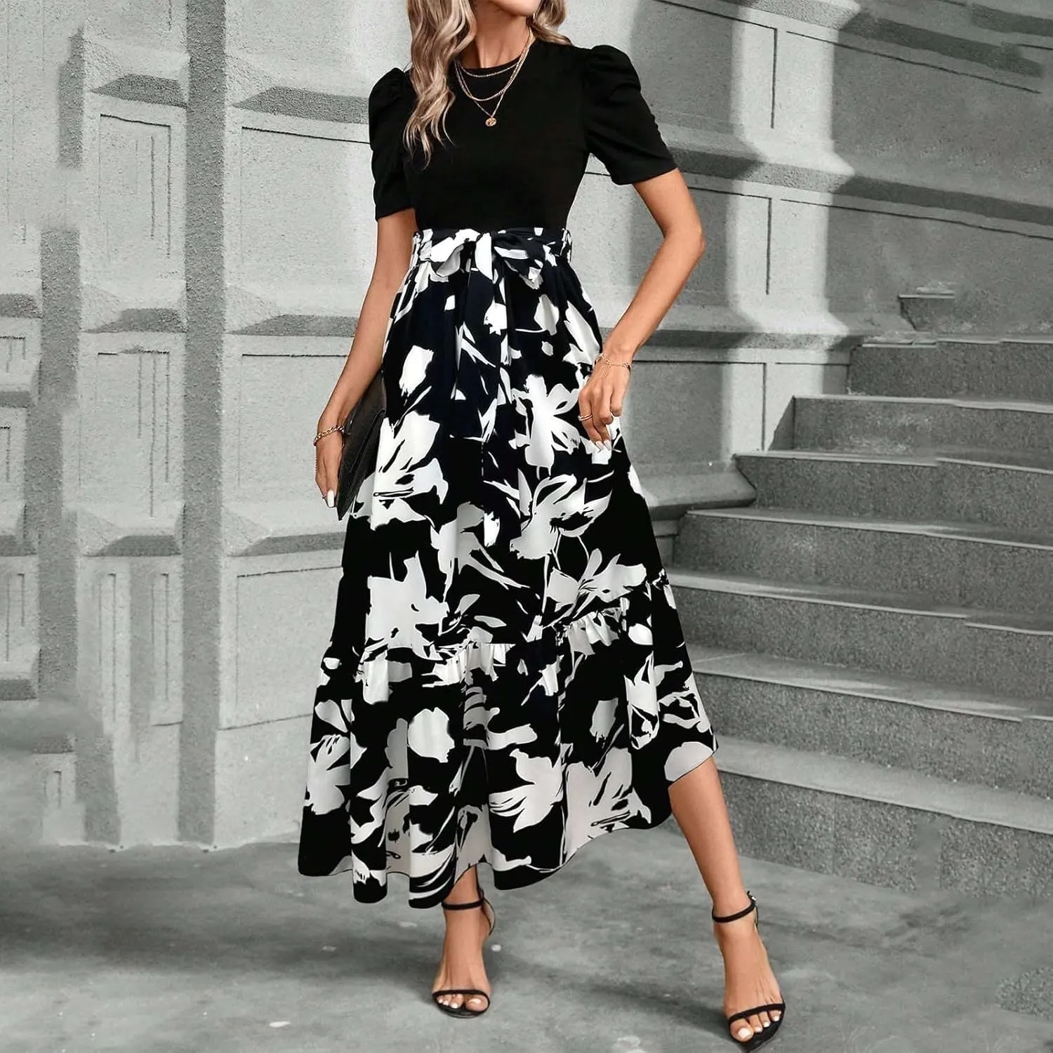 Long Floral Dresses for Women 2025 Elegant Boho Tie Belted Patchwork Empire Waist Short Sleeve Modest Flowy Maxi Dress