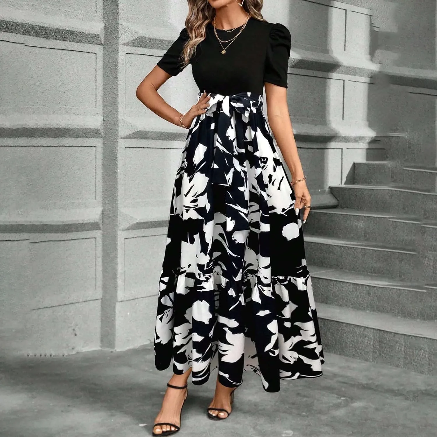 Long Floral Dresses for Women 2025 Elegant Boho Tie Belted Patchwork Empire Waist Short Sleeve Modest Flowy Maxi Dress