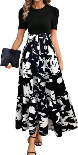 Long Floral Dresses for Women 2025 Elegant Boho Tie Belted Patchwork Empire Waist Short Sleeve Modest Flowy Maxi Dress