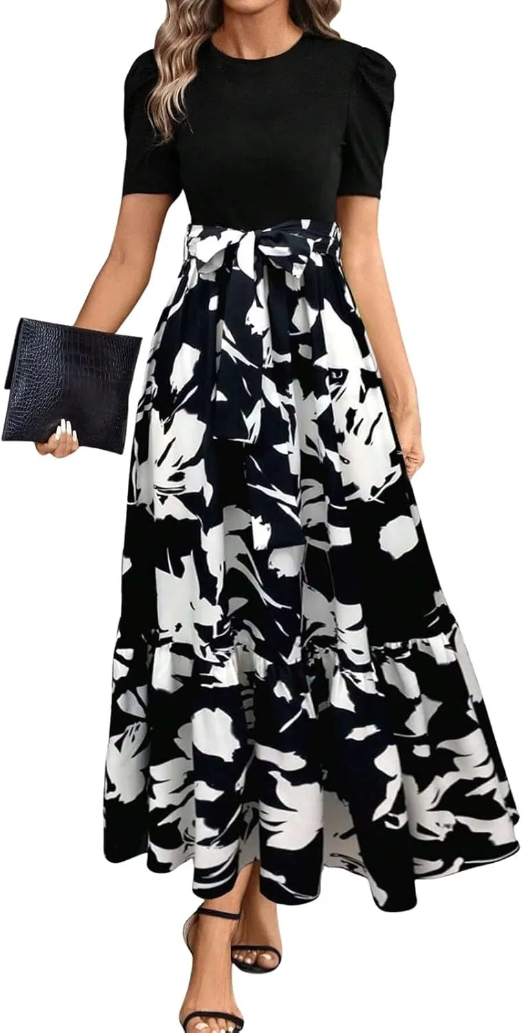 Long Floral Dresses for Women 2025 Elegant Boho Tie Belted Patchwork Empire Waist Short Sleeve Modest Flowy Maxi Dress